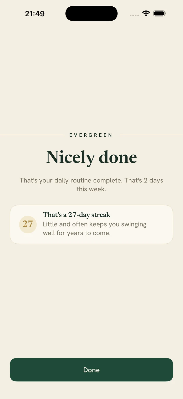 Routine complete screen showing a 27-day streak