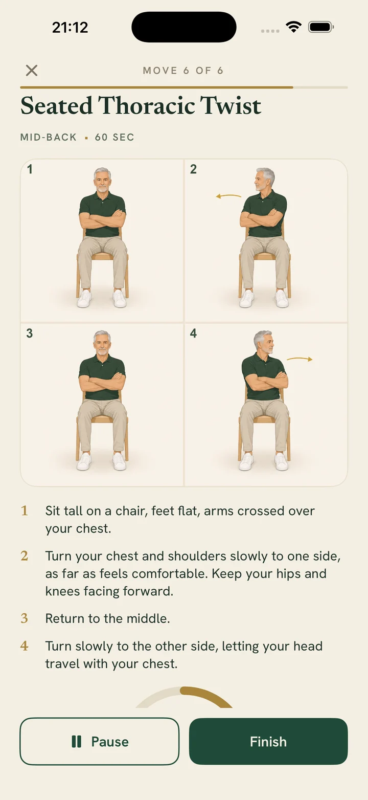 The Seated Thoracic Twist exercise with illustrated steps and a timer